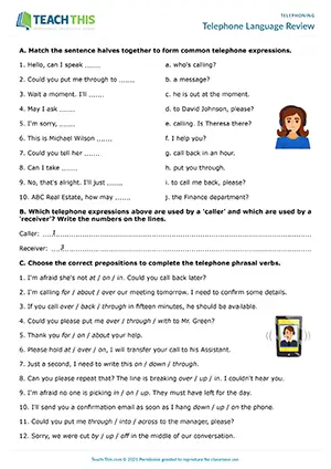 ESL Telephone Language Worksheet preview for Upper-intermediate B2 showing vocabulary matching, categorising, gap-fill and role-play