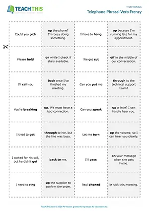 ESL Telephone Language Games preview for Upper-intermediate B2 showing pelmanism, matching and phrasal verbs
