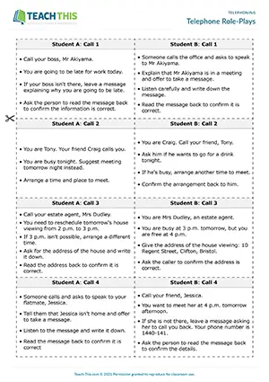 ESL Telephone Role-Plays preview for Intermediate B1 showing role cards, communicative practice and pair work