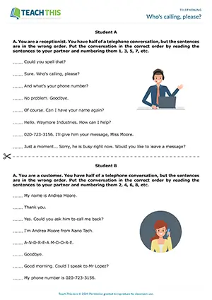 ESL Telephoning Activity preview for Pre-intermediate A2 showing ordering, matching, writing, and role-plays