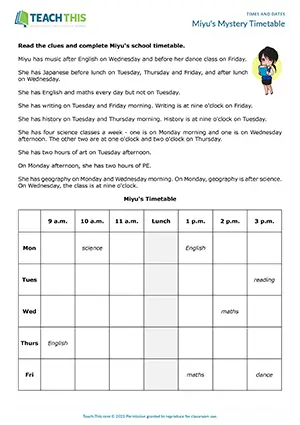 ESL School Timetable Worksheet preview for Elementary A1-A2 showing table completion and reading activity