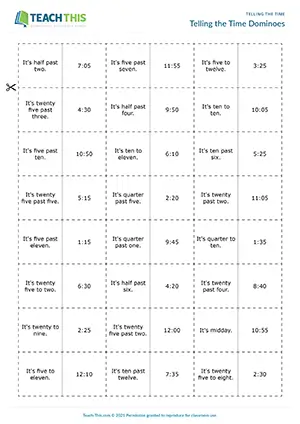 ESL Telling the Time Game preview for Elementary A1-A2 showing dominoes and matching written times to clocks