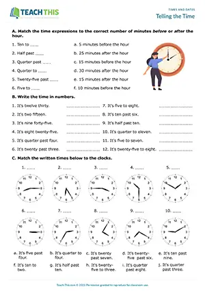 ESL Telling The Time Worksheet preview for Elementary A1-A2 showing vocabulary exercises, matching, writing, drawing