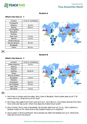 ESL Time Around the World Activity preview for Elementary A1-A2 showing pair work and asking about time zones