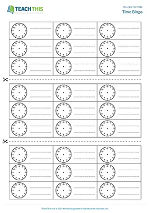 ESL Telling the Time Game preview for Elementary A1-A2 showing bingo and telling different times
