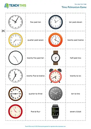 ESL Telling the Time Games preview for Elementary A1-A2 showing matching, forming sentences and pair work