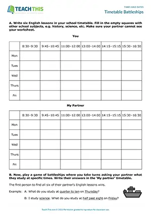 ESL School Timetable Game preview for Elementary A1-A2 showing battleships and guessing English lessons