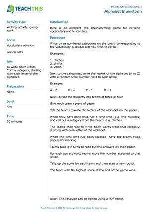 Free ESL excellent brainstorming game for revising vocabulary and lexical sets using alphabet categories