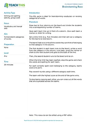 Free ESL game ideal for brainstorming vocabulary or revising categories of words with team board races