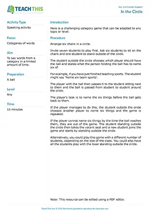 Free ESL challenging category game that can be adapted to any topic or level using circle passing