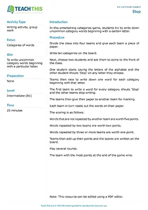 Free ESL entertaining categories game where students try to write down uncommon category words beginning with a certain letter