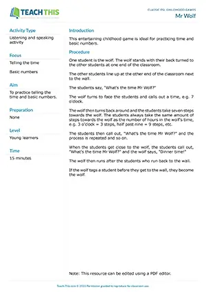 Free ESL entertaining childhood game ideal for practicing time and basic numbers