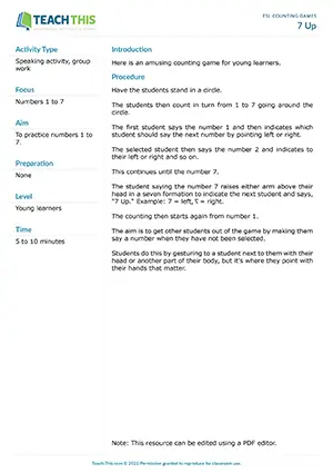 Free ESL amusing counting game for young learners using gestures and pointing to practice numbers 1 to 7