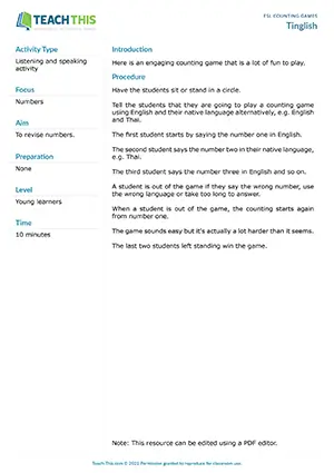 Free ESL engaging counting game using English and native language alternatively for number practice
