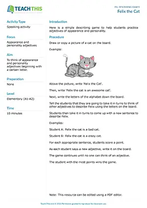 Free ESL game to practice adjectives of appearance and personality using alphabet letters
