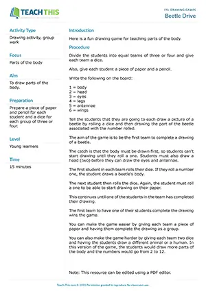 Free ESL drawing game for teaching parts of the body using dice rolls to draw a beetle