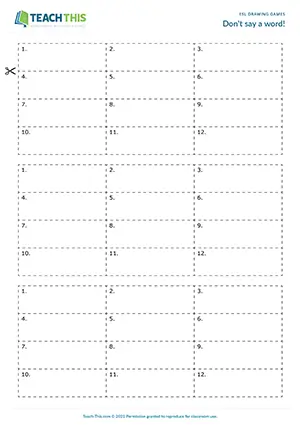 Free ESL drawing game where students draw vocabulary or sentences for teammates to guess within time limits