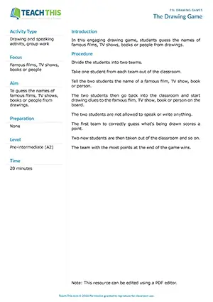 Free ESL drawing game where students guess famous films, TV shows, books or people from drawings