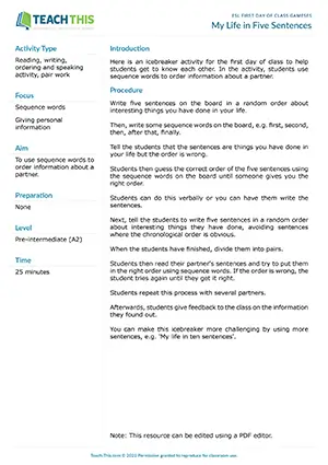 Free ESL icebreaker where students use sequence words to order life events about their partners