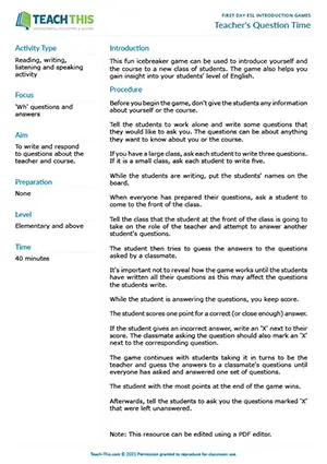 Free ESL game where students role-play as the teacher and guess answers to classmates' questions