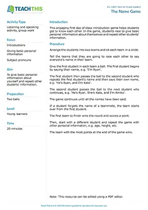 Free ESL first day game where students race to memorize and repeat their teammates' names and information
