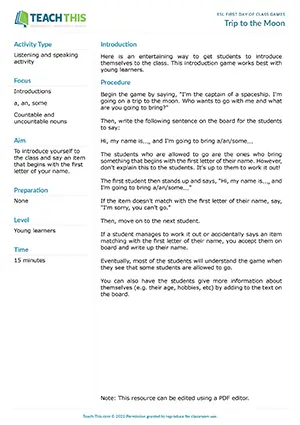 Free ESL introduction game where students must bring items matching their name's first letter to join a moon trip