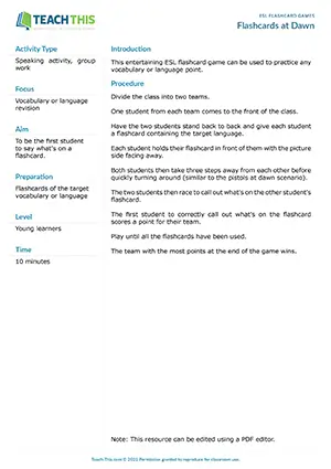 Free ESL flashcard game where students stand back-to-back and race to identify each other's flashcards