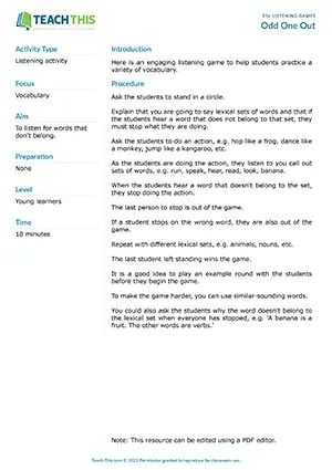 Free ESL listening game where students stop their actions when they hear a word that doesn't belong to a lexical set