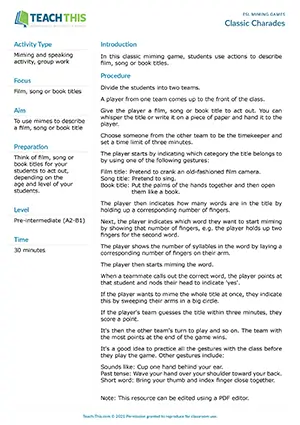 Free ESL classic charades game where students mime film, song or book titles using traditional charades gestures and rules