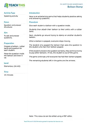 Free ESL game where students practice asking and answering questions by popping balloons with questions inside
