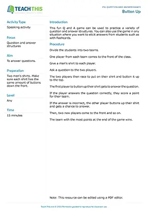 Free ESL game where students race to button up shirts to answer questions in team competition format