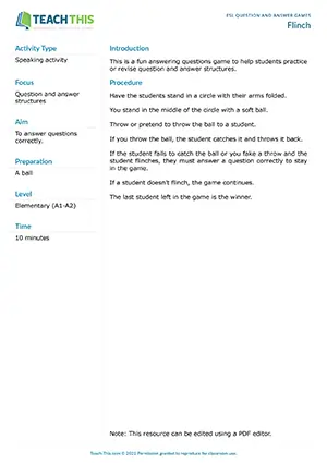 Free ESL game where students answer questions when they flinch or miss catching a ball
