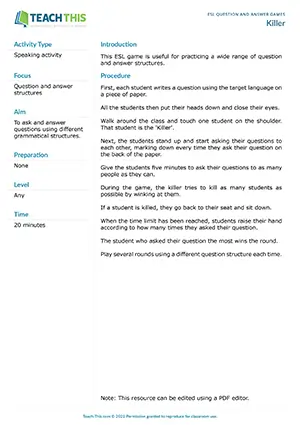 Free ESL game where students ask questions while a secret killer winks to eliminate players