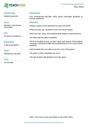 Free ESL Pac-Man style game where students answer questions to tag other players