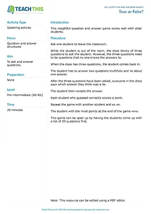Free ESL game where students answer questions truthfully or lie while others guess which answers are false