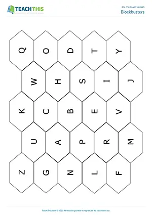 Free ESL vocabulary game where teams connect hexagons by guessing words from letter clues