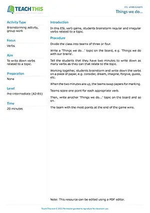Free ESL verb brainstorming game where students list regular and irregular verbs related to specific topics within a time limit