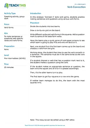 Free ESL Connect 4 style verb game where students create sentences and questions using various verb forms to win squares on a grid