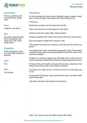 Free ESL irregular verbs game where students guess verbs from mimes and write down the base, past, and past participle forms