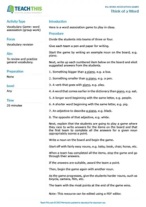 Free ESL word association game where teams practice vocabulary relationships including comparatives, collocations, and word patterns