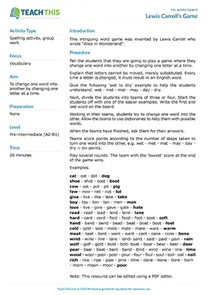 Free ESL word transformation game where students change one word into another by substituting one letter at a time