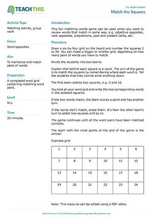 Free ESL memory matching game where students find word pairs by remembering their positions on a numbered grid