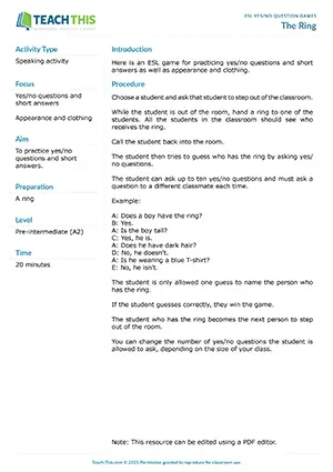 Free ESL yes/no questions game for pre-intermediate students focusing on appearance vocabulary, clothing descriptions, and guessing activities