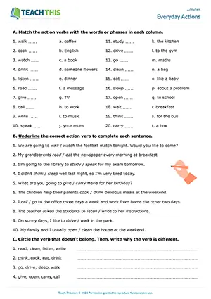 ESL actions worksheet preview, elementary A1-A2, writing sentences, matching verbs, asking and answering questions