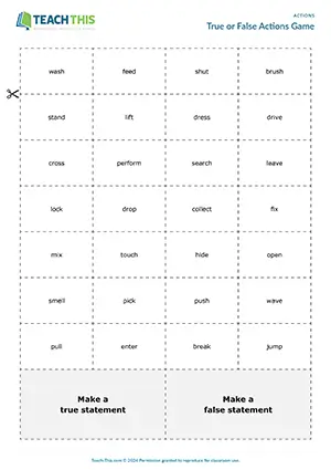 ESL actions game preview, pre-intermediate A2, true or false, forming sentences, group work, asking questions