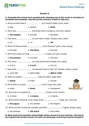 ESL animals quiz preview, upper-intermediate B2, gap-fill, multiple-choice quiz, guessing, group and pair work