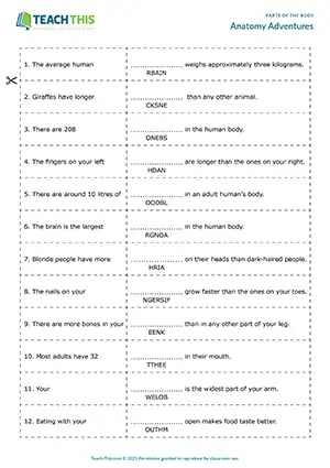ESL Parts of the Body Games, intermediate B1, unscrambling, matching, true or false, pair work