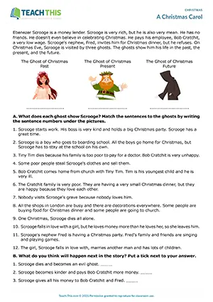 ESL A Christmas Carol worksheet preview, intermediate B1, listening, matching, predicting