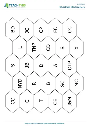 ESL Christmas vocabulary game preview, pre-intermediate A2, answering quiz questions, connecting hexagons, group work