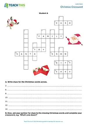 ESL Christmas activity preview, pre-intermediate A2, writing clues, describing, guessing, pair and group work